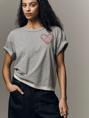Pilcro Striped Short-Sleeve Tee with Red Heart Accent NWT